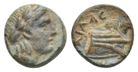 CARIA. Knidos. (Circa 250-210 BC). Uncertain magistrate. Ae.
Obv:Laureate head of Apollo to right
Rev: Prow of galley to right; [KNI] below.
For ty...