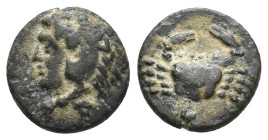CARIA. Kos. (Circa 300-200 BC). Ae.
Obv: Head of Herakles left, wearing lion skin.
Rev: Crab; below, uncertain mon.
SNG von Aulock 8173
Condition:...