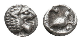 CARIA. Mylasa. (Circa 420-390 BC). AR Tetartemorion.
Obv: Head of roaring lion right.
Rev: Bird standing right; pellet to upper left and lower right...