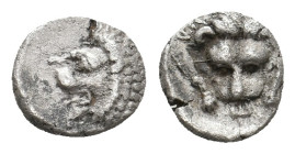 CARIA. Mylasa. (Circa 420-390 BC). AR Hemiobol.
Obv: Forepart of lion right, head left.
Rev: Facing head of lion, with legs at sides; Carian W below...