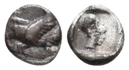CARIA. Rhodes. Ialysos. (Circa 480-408 BC). AR Obol.
Obv: Forepart of a winged boar to left.
Rev: Head of Athena wearing Corinthian helmet to right ...