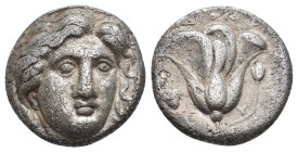 CARIA. Rhodes. (Circa 340-316 BC). AR Didrachm.
Obv: Radiate head of Helios facing slightly right.
Rev: POΔION.
Rose with bud to right. Controls: t...