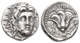 CARIA. Rhodes. (Circa 250-229 BC). AR Didrachm. Mnasimachos, magistrate.
Obv: Radiate head of Helios facing slightly right.
Rev: MNAΣIMAXOΣ / P - O....