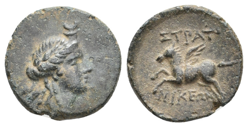 CARIA. Stratonikeia. (circa 125-85 BC). AE
Obv: Head of Hekate right.
Rev: ΣΤΡ...