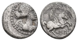 Q. TITIUS. Denarius (After 75 BC). Contemporary Celtic imitation of Rome.
Obv: Head of Liber or young Bacchus right, wearing ivy wreath.
Rev: Pegasu...
