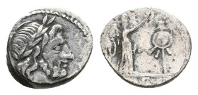 ANONYMOUS, Victoriatus. Circa 211-208 BC. Sicilian mint.
Obv: Laureate head of Jupiter right.
Rev: [ROMA].
Victory standing right, crowning trophy....