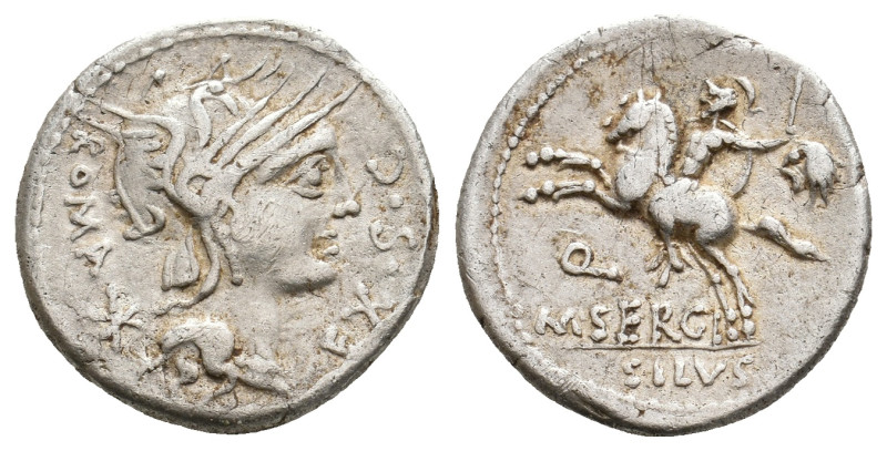 M. SERGIUS SILUS, 116-115 BC. AR, Denarius. Rome.
Obv: ROMA EX S C.
Helmeted h...