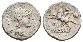 M. SERGIUS SILUS, 116-115 BC. AR, Denarius. Rome.
Obv: ROMA EX S C.
Helmeted head of Roma right; mark of value to left.
Rev: M SERGI / SILVS.
Warr...