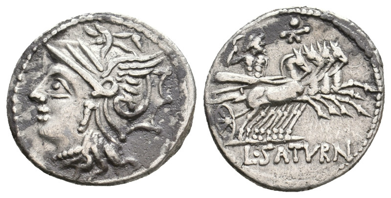 L. APPULEIUS SATURNINUS, 104 BC. AR, Denarius. Rome.
Obv: Helmeted head of Roma...