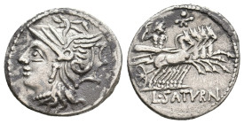 L. APPULEIUS SATURNINUS, 104 BC. AR, Denarius. Rome.
Obv: Helmeted head of Roma, left.
Rev: L SATVRN.
Saturn driving quadriga right, holding harpa ...