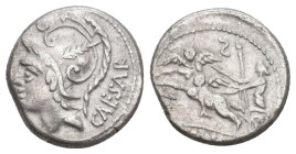 L. JULIUS L. F. CAESAR. 103 BC. AR, Denarius. Rome.
Obv: CAESAR.
Helmeted head of Mars left.
Rev: L IVLI L F.
Venus driving biga of Cupids left, h...