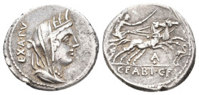 C. FABIUS C. F. HADRIANUS, 102 BC. AR, Denarius. Rome.
Obv: EX.A.PV.
Veiled and turreted head of Cybele right.
Rev: C. FABI. C. F.
Victory driving...