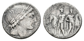 L. MEMMIUS, 109-108 BC. AR, Denarius. Rome.
Obv: Male head right, wearing oak wreath; mark of value to lower right.
Rev: [L MEMMI].
The Dioscuri st...