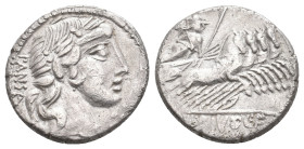 C. VIBIUS C.F. PANSA, 90 BC. AR, Denarius. Rome.
Obv: PANSA.
Laureate head of Apollo right.
Rev: Minerva, holding trophy, reins and spear, driving ...