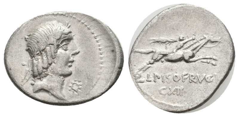 L. CALPURNIUS PISO FRUGI, 90 BC. AR, Denarius. Rome.
Obv: Laureate head of Apol...
