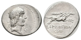 L. CALPURNIUS PISO FRUGI, 90 BC. AR, Denarius. Rome.
Obv: Laureate head of Apollo, right; before, wreath.
Rev. L PISO FRVGI CXII.
Horseman gallopin...