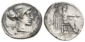 M. CATO, 89 BC. AR, Denarius. Rome.
Obv: ROMA / M [CATO].
Diademed and draped female bust, right.
Rev: VICTRIX.
Victory seated right on throne, ho...