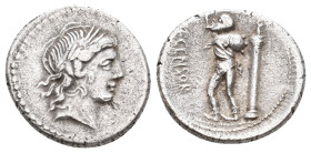 L. CENSORINUS. 82 BC. AR, Denarius. Rome.
Obv: Laureate head of Apollo, right.
Rev: L CENSOR.
Marsyas standing left, raising hand and holding wines...