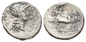 L. SULLA and L. MANLIUS TORQUATUS, 82 BC. AR, Denarius. Military mint moving with Sulla.
Obv: PROQ / L MANLI.
Helmeted head of Roma, right.
Rev: L ...