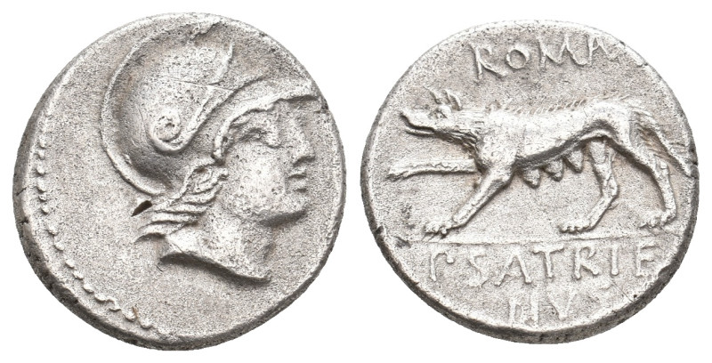P. SATRIENVS, 77 BC. AR, Denarius. Rome.
Obv: Helmeted head of Roma, right.
Re...