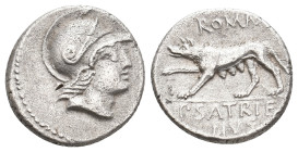 P. SATRIENVS, 77 BC. AR, Denarius. Rome.
Obv: Helmeted head of Roma, right.
Rev: ROMA / P SATRIENVS.
She-wolf standing left, raising forepaw.
Craw...