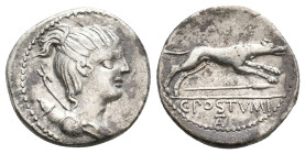 C. POSTUMIUS, 73 BC. AR, Denarius. Rome.
Obv: Draped bust of Diana right, with bow and quiver over shoulder.
Rev: C POSTVMI.
Hound springing right;...