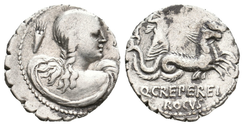 Q. CREPERIUS M.F. ROCUS, 69 BC. Serrate Denarius. Rome.
Obv: Draped bust of Amp...