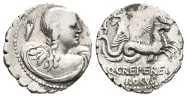Q. CREPERIUS M.F. ROCUS, 69 BC. Serrate Denarius. Rome.
Obv: Draped bust of Amphitrite right; squid to left.
Rev: Q CREPER M F ROCVS.
Neptune, hold...