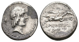 C. PISO L.F. FRUGI, 61 BC. AR, Denarius. Rome.
Obv: Head of Apollo left, wearing taenia.
Rev: C PISO L F FRVGI.
Winged warrior riding horse right, ...