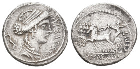 P. PLAUTIUS HYPSAEUS, 57 BC. AR, Denarius. Rome.
Obv: P YPSAE S C.
Draped bust of Leuconoë right; to left, dolphin swimming right.
Rev: C YPSAE COS...