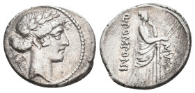 Q. POMPONIUS MUSA, 56 BC. AR, Denarius. Rome.
Obv: Laureate head of Apollo right; two crossed tibiae to left.
Rev: MVSA Q POMPONI.
Euterpe (Muse of...