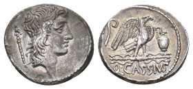 Q. CASSIUS LONGINUS, 55 BC. AR, Denarius. Rome.
Obv: Head of Genius Populi Romani right; sceptre to left.
Rev: Q CASSIVS.
Eagle standing right on t...