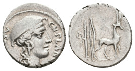 CN. PLANCIUS, 55 BC. AR, Denarius. Rome.
Obv: CN PLANCIVS AED CVR SC.
Head of Diana Planciana right, wearing petasus.
Rev: Cretan goat standing rig...