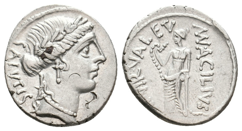 MAN. ACILIUS GLABRIO, 49 BC. AR, Denarius. Rome.
Obv: SALVTIS.
Laureate head o...