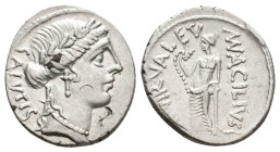 MAN. ACILIUS GLABRIO, 49 BC. AR, Denarius. Rome.
Obv: SALVTIS.
Laureate head of Salus, right.
Rev: MN ACILIVS III VIR VALETV.
Valetudo standing le...