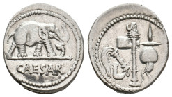 JULIUS CAESAR, 49 BC. AR, Denarius. Military mint traveling with Caesar.
Obv: CAESAR.
Elephant advancing right, trampling horned serpent.
Rev: Embl...