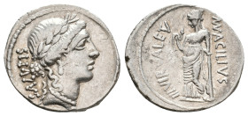 MAN. ACILIUS GLABRIO, 49 BC. AR, Denarius. Rome.
Obv: SALVTIS.
Laureate head of Salus, right.
Rev: MN ACILIVS III VIR VALETV.
Valetudo standing le...