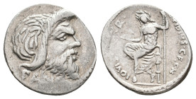 C. VIBIUS C.F. CN. PANSA CAETRONIANUS, 48 BC. AR, Denarius. Rome.
Obv: PANSA.
Mask of Pan right.
Rev: C VIBIVS C F C N IOVIS AXVR.
Jupiter Axurus ...