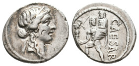 JULIUS CAESAR, 48-47 BC. AR, Denarius. African mint.
Obv: Head of Venus, right, wearing diadem. Border of dots.
Rev: CAESAR.
Aeneas, left, carrying...