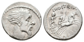 L. HOSTILIUS SASERNA, 48 BC. AR, Denarius. Rome.
Obv: Head of Gallic captive (Vercingetorix?) right, with chain around neck; Gallic shield to lower r...