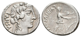 C. VIBIUS C.F. C.N. PANSA CAETRONIANUS, 48 BC. AR, Denarius. Rome.
Obv: PANSA.
Head of young Bacchus (or Liber) right, wearing ivy wreath.
Rev: C V...