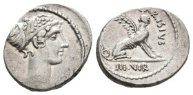 T. CARISIUS, 46 BC. AR, Denarius. Rome.
Obv: Head of Sibyl Herophile right.
Rev: T CARISIVS / III VIR.
Sphinx seated right.
Crawford 464/1; CRI 69...