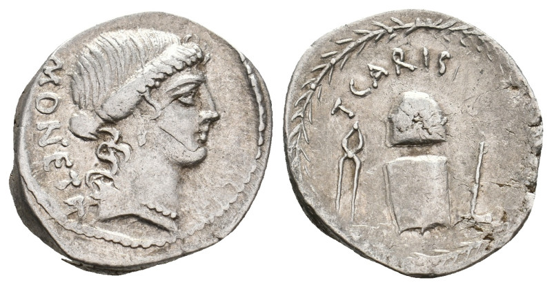 T. CARISIUS, 46 BC. AR, Denarius. Rome.
Obv: MONETA.
Head of Juno Moneta, righ...
