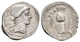 T. CARISIUS, 46 BC. AR, Denarius. Rome.
Obv: MONETA.
Head of Juno Moneta, right.
Rev: T CARISIVS.
Implements for coining money: anvil die with pun...