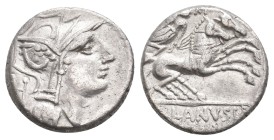 D. IUNIUS SILANUS. 91 BC.  AR Denarius. Rome,
Obv. Helmeted head of Roma right.
Rev. Victory in fast biga right; below, D SILANVS / ROMA. Crawford 3...