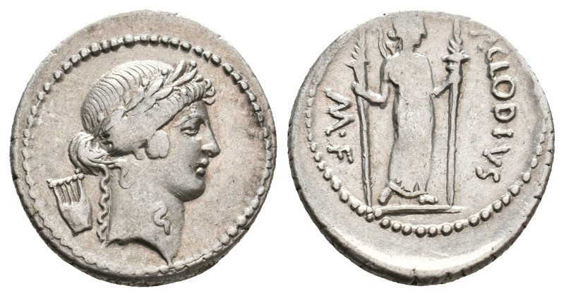 P. CLODIUS M.F. TURRINUS, 42 BC. AR, Denarius. Rome.
Obv: Laureate head of Apol...