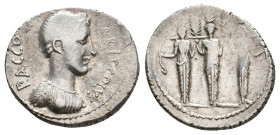 P. ACCOLEIUS LARISCOLUS, 41 BC. AR, Denarius. Rome.
Obv: P ACCOLEIVS LARISCOLVS.
Draped bust of Diana Nemorensis, right.
Rev: Triple cult statue of...