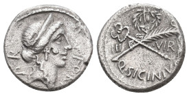 Q. SICINIUS, 49 BC. AR, Denarius. Rome.
Obv: FORT P R.
Diademed head of Fortuna Populi Romani right; crescent-shaped countermark.
Rev: III VIR Q SI...