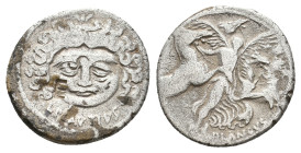 L. PLAUTIUS PLANCUS, 47 BC. AR, Denarius. Rome.
Obv: L•PLAVTIVS.
Head of Medusa, facing, with coiled snake on either side.
Rev: Victory, facing, ho...