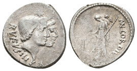 MN. CORDIUS RUFUS. 46 BC AR, Denarius. Rome.
Obv: RVFVS III VIR.
Jugate busts of the Dioscuri right, wearing pilei surmounted by stars.
Rev: MN COR...